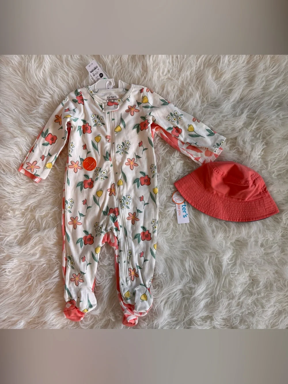 Carter's Cream Floral Footed One-Piece with Coral Hat with SPF50